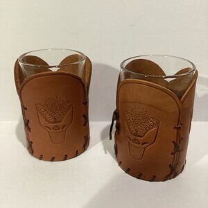 Drillers Double Shot Glasses in Hand Worked Leather Holders with HH Engraved
